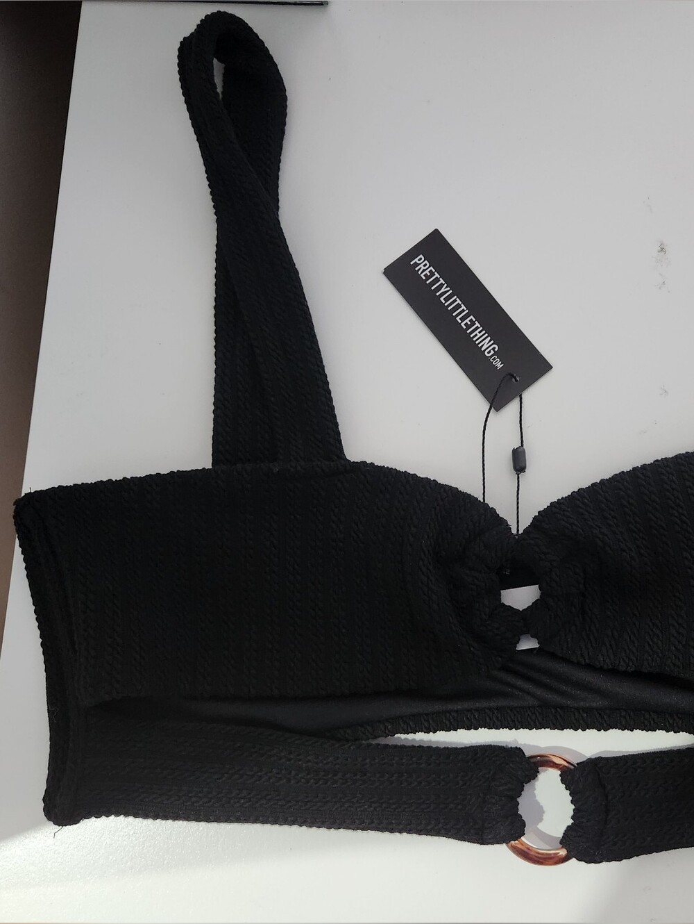 PrettyLittleThing Black Bikini Top with Gold Ring L